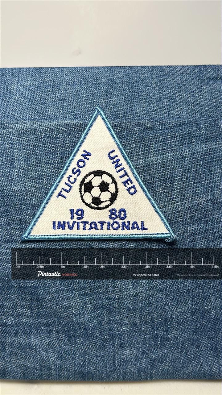 Tucson United 1980 Soccer Patch: Sew-On Blue Trim - Vintage Sports Accessory with ruler overlay for size reference