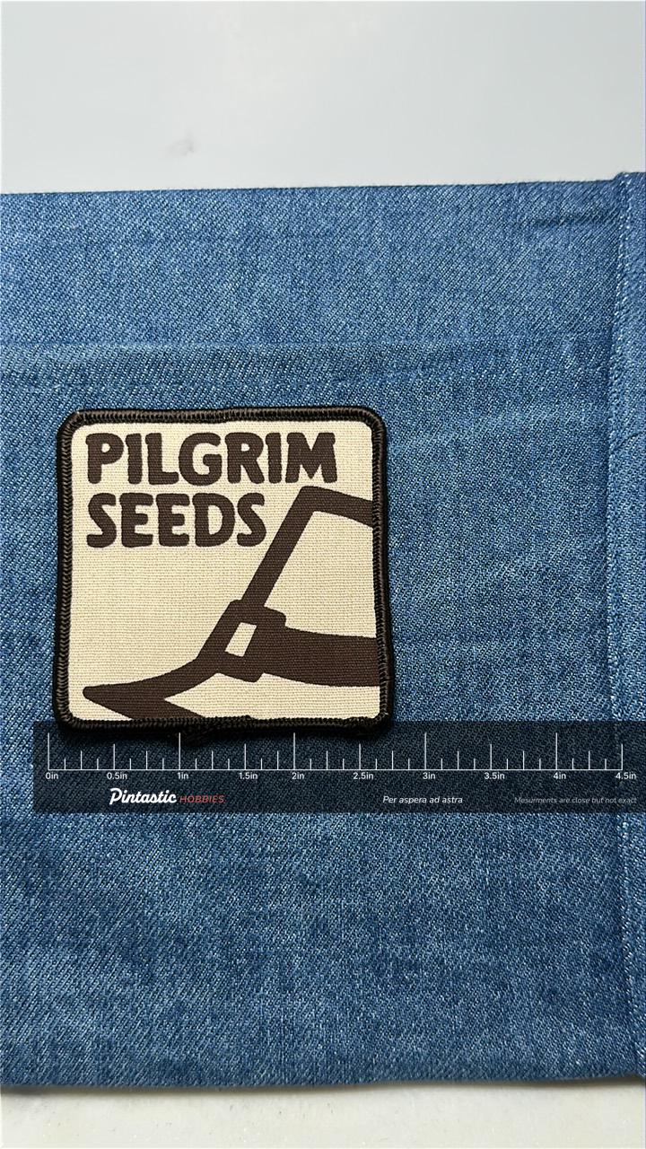 Pilgrim Seeds Collectable Patch: Sew-On Tan & Brown - Vintage Farm Accessory with ruler overlay for size reference