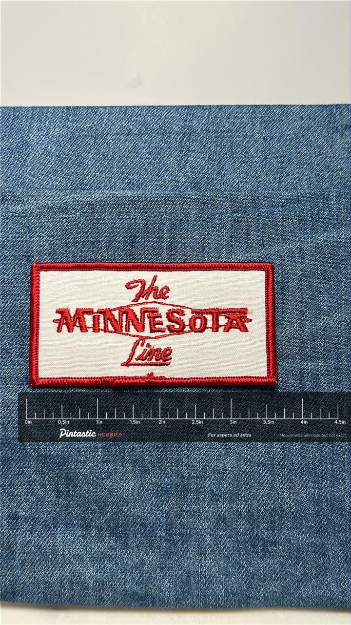 The Minnesota Line Patch: Iron-On Red/White - Vintage Transport Accessory with ruler overlay for size reference
