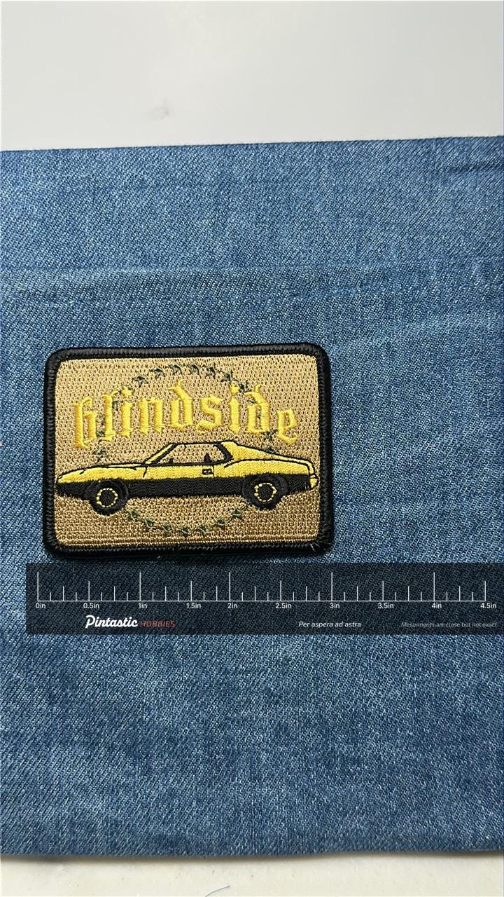Blindside Promo Band Patch: Iron-On Tan/Yellow Car - Retro Band Accessory with ruler overlay for size reference