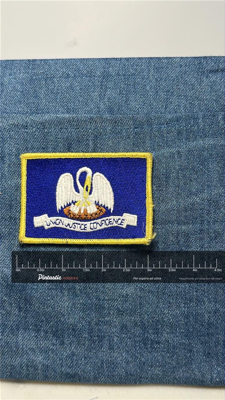 Louisiana State Flag Patch: Iron-On Blue Gold - Vintage Accessory with ruler overlay for size reference