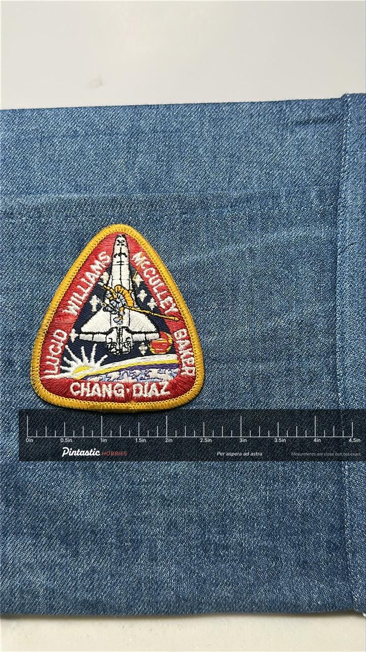 NASA STS-34 Mission Patch: Iron-On Red/Yellow - Space Mission Accessory with ruler overlay for size reference