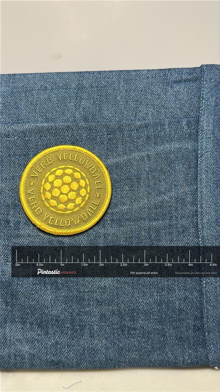 Verb Yellowball Patch: Iron-On Yellow Circle - Retro Accessory with ruler overlay for size reference