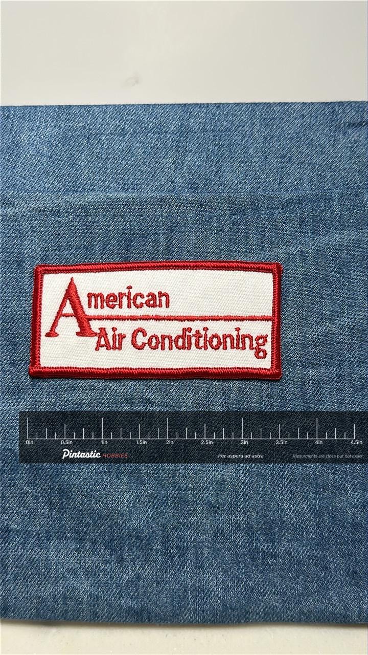 American Air Conditioning Patch: Iron-On Red/White - Workwear Accessory with ruler overlay for size reference