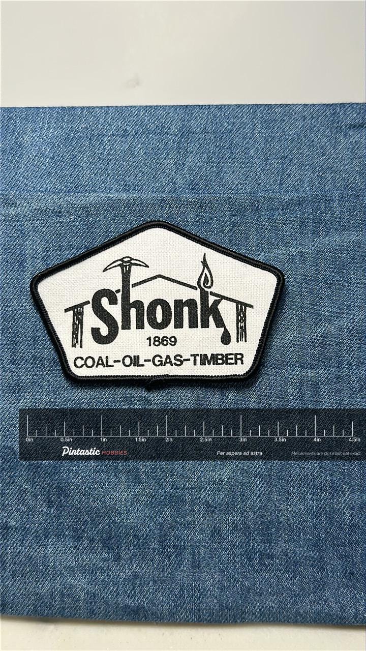 Shonk Collectable Patch: Sew-On Black & White - Industrial Heritage Accessory with ruler overlay for size reference