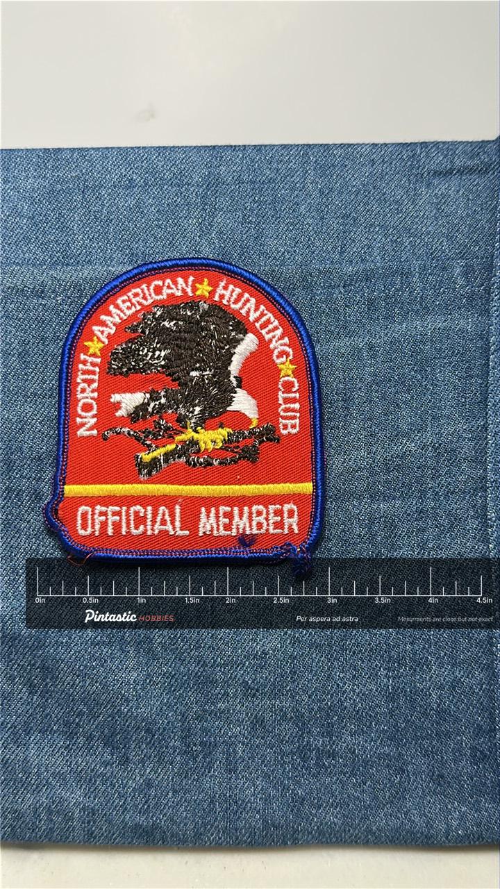 North American Hunting Club Patch: Iron-On Red/Blue - Vintage Accessory with ruler overlay for size reference