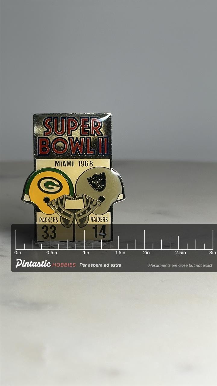 Super Bowl II Collector Pin: Green/Gold Silver Enamel - 1968 Sports Accessory with ruler overlay for size reference