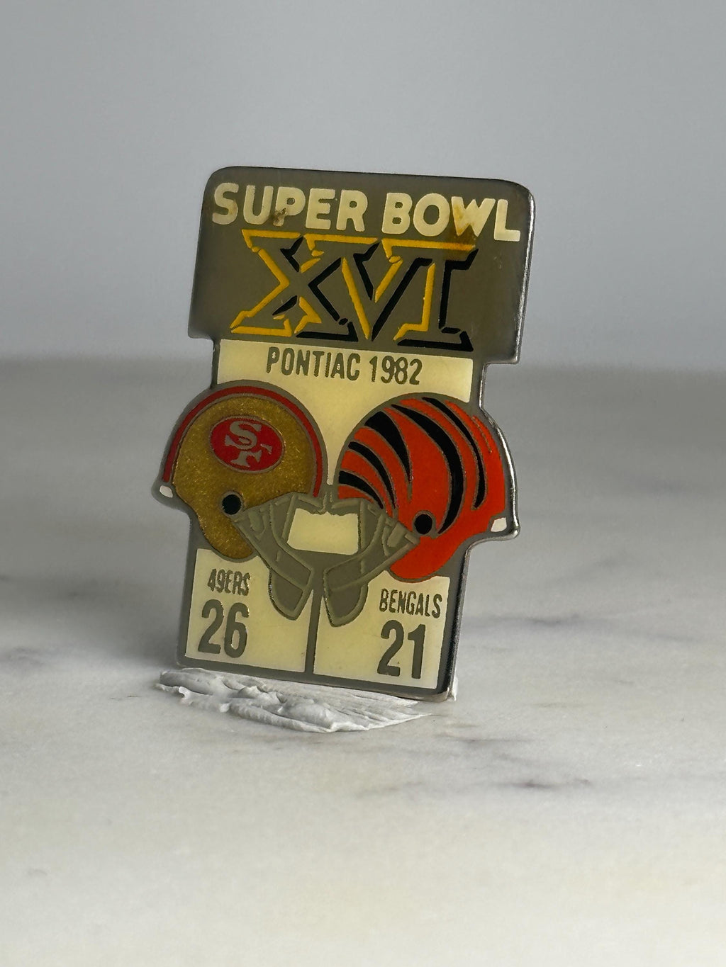 Super Bowl XVI Football Pin: Gold & Orange Enamel - 1980s Sports Accessory