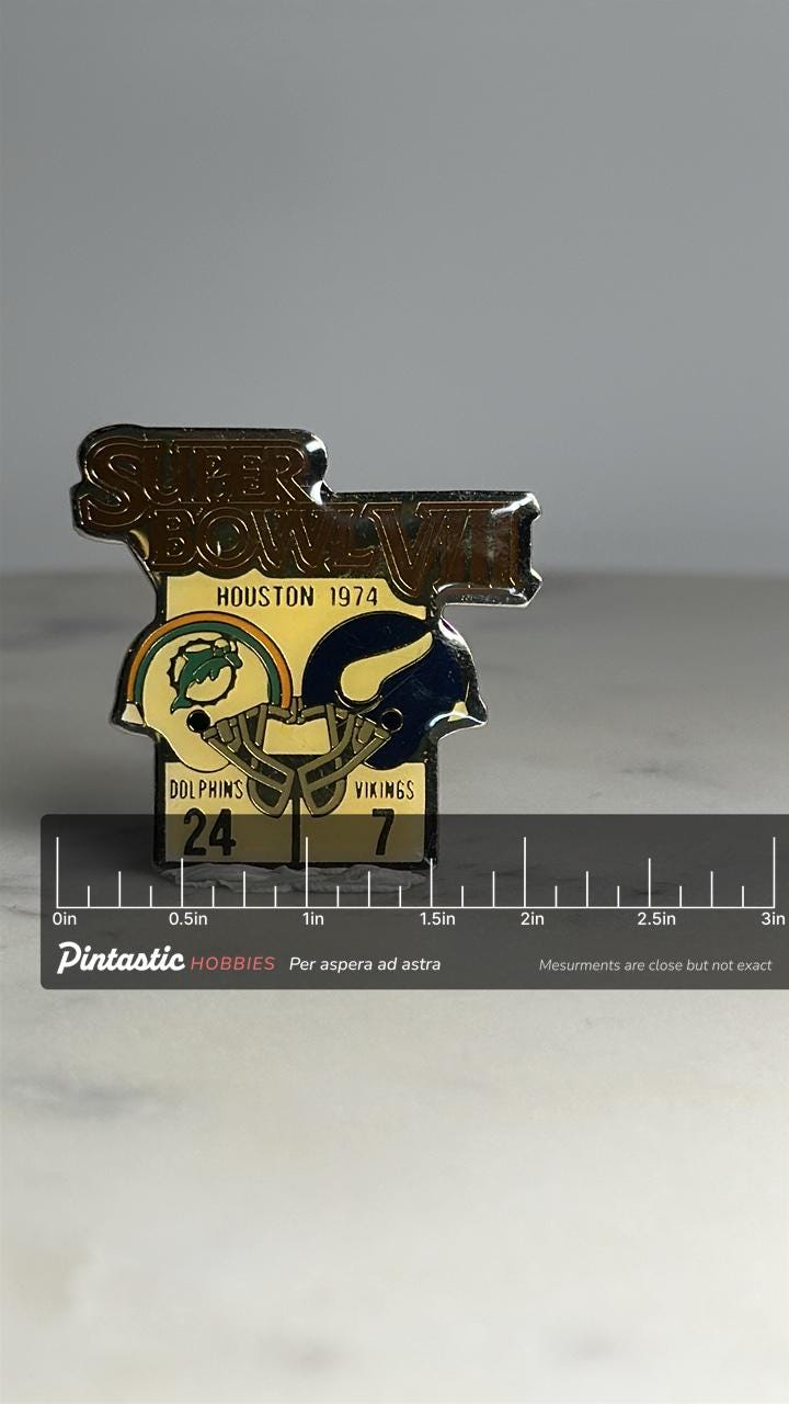 Super Bowl VIII Collector Pin: Enamel Finish - 1974 Sports Accessory with ruler overlay for size reference