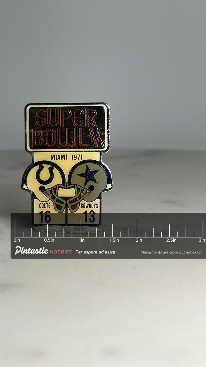 Super Bowl V Football Pin: Gold Enamel Finish - 1971 Sports Accessory with ruler overlay for size reference