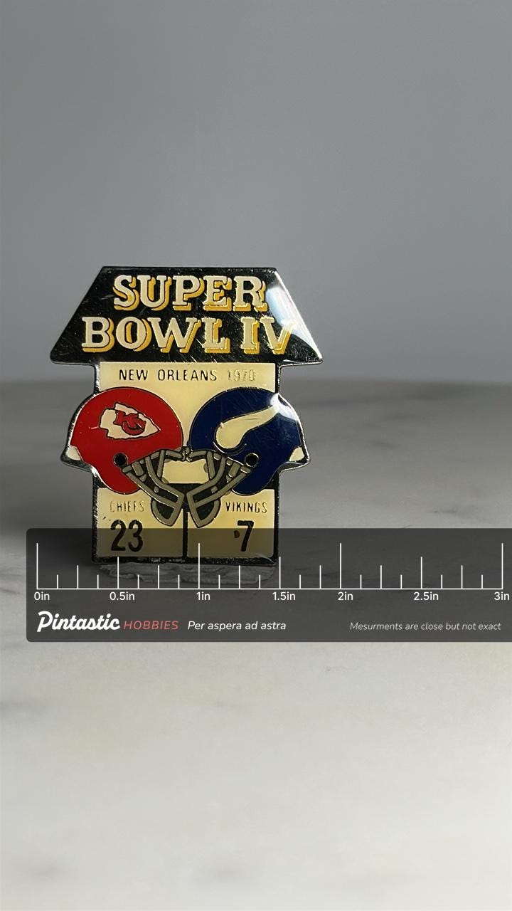 Super Bowl IV Collector Pin: Enamel Finish - 1970 NFL Accessory with ruler overlay for size reference