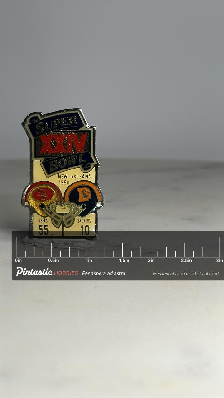 Super Bowl XXIV Collectible Pin: Gold Enamel Finish - 1990 Sports Accessory with ruler overlay for size reference
