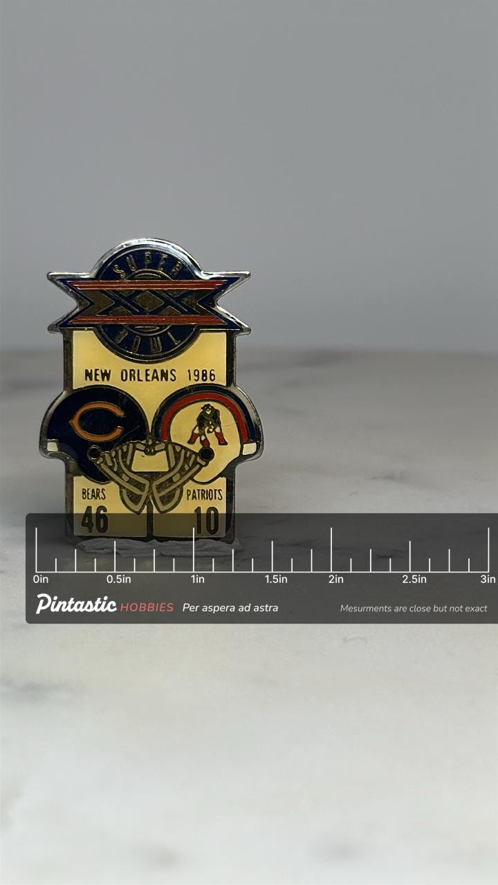 Super Bowl XX Sports Pin: Bears vs Patriots Enamel - 1986 Football Accessory with ruler overlay for size reference