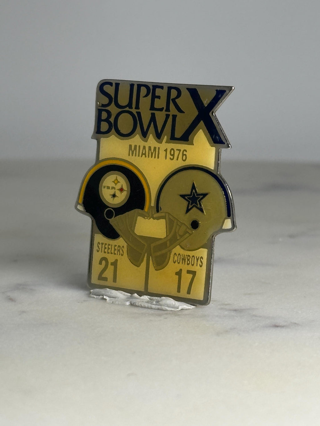 Super Bowl X Football Pin: Gold Enamel Finish - 1976 Steelers vs Cowboys