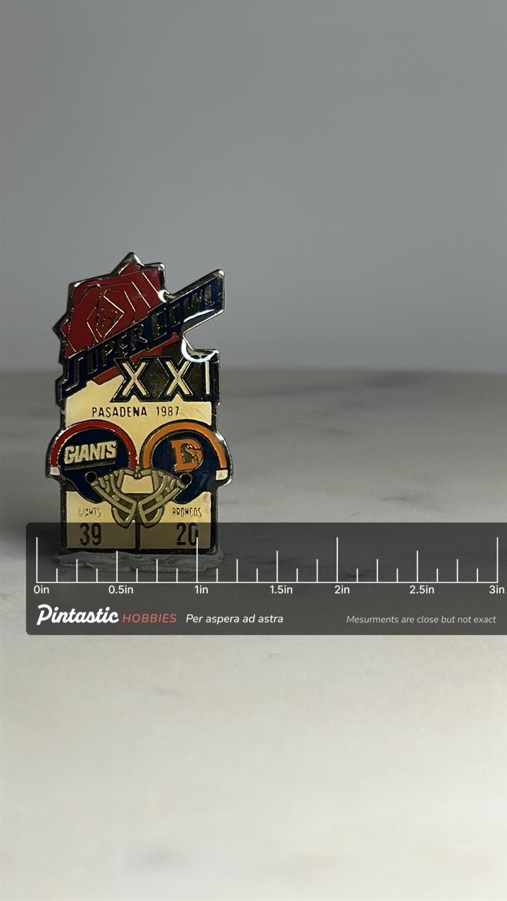Super Bowl XXI Collector Pin: Enamel Finish - 1987 Sports Accessory with ruler overlay for size reference