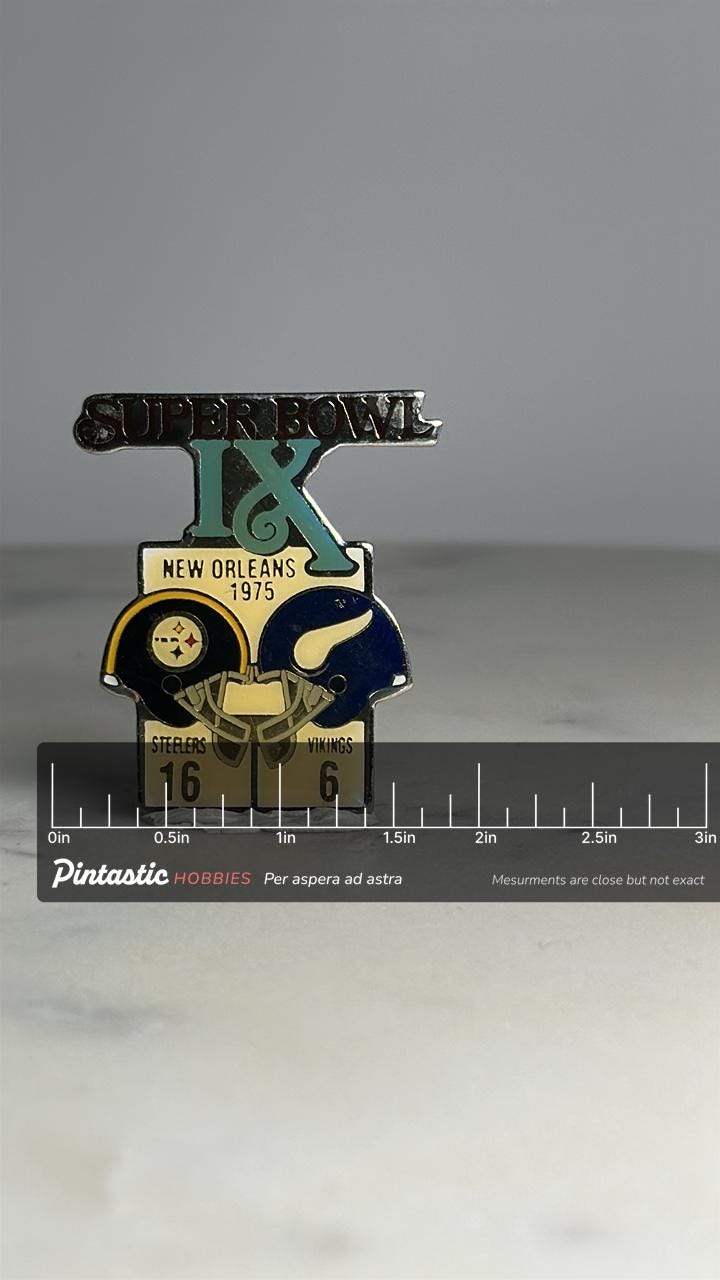 Super Bowl IX Collector Pin: Enamel Metal Finish - 1975 Football Accessory with ruler overlay for size reference