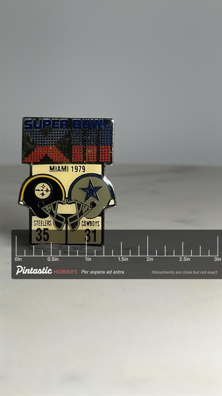 Super Bowl XIII Collector Pin: Enamel Finish - 1979 Sports Accessory with ruler overlay for size reference