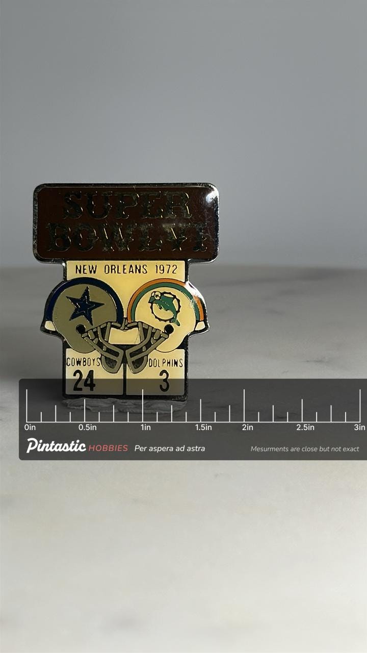 Super Bowl VI Commemorative Pin: Enamel Finish - 1972 Sports Accessory with ruler overlay for size reference