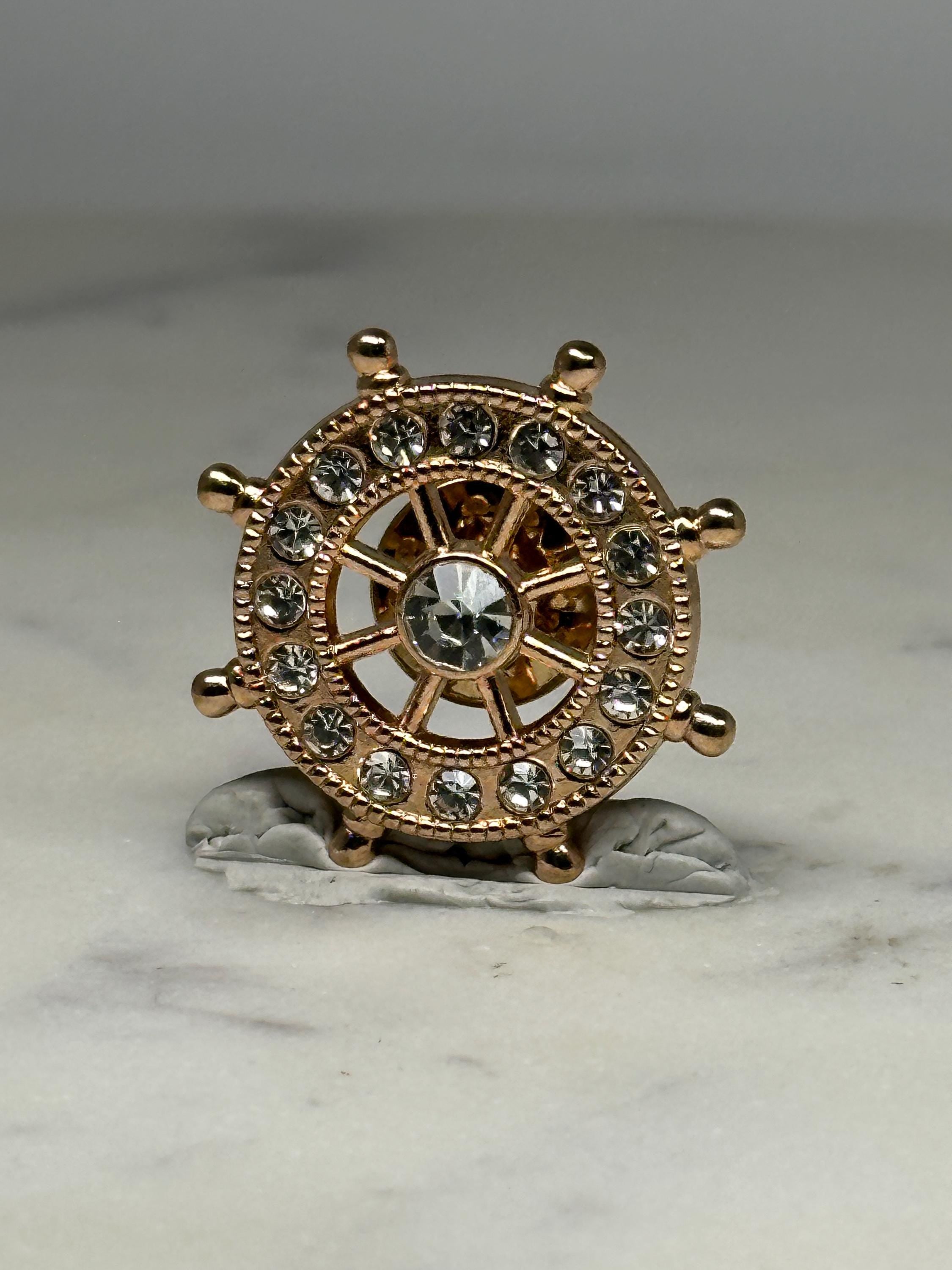 Nautical Ship Wheel Pin: Gold Tone with Rhinestones - Vintage-Inspired Accessory