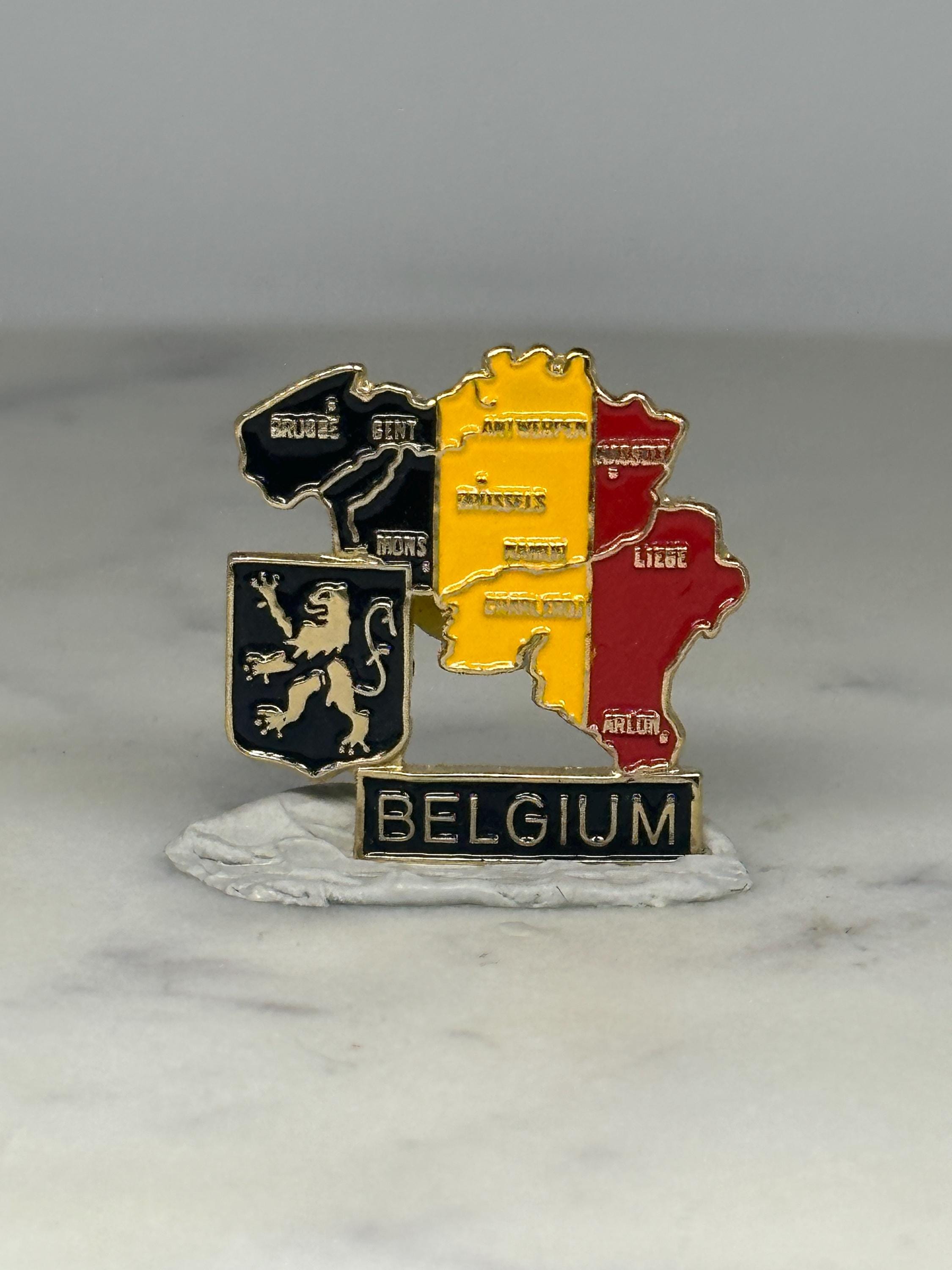 Belgium Map Lapel Pin: Tricolor Enamel Finish - Vintage Travel Accessory