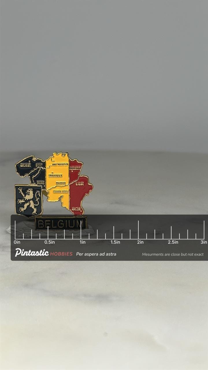 Belgium Map Lapel Pin: Tricolor Enamel Finish - Vintage Travel Accessory with ruler overlay for size reference