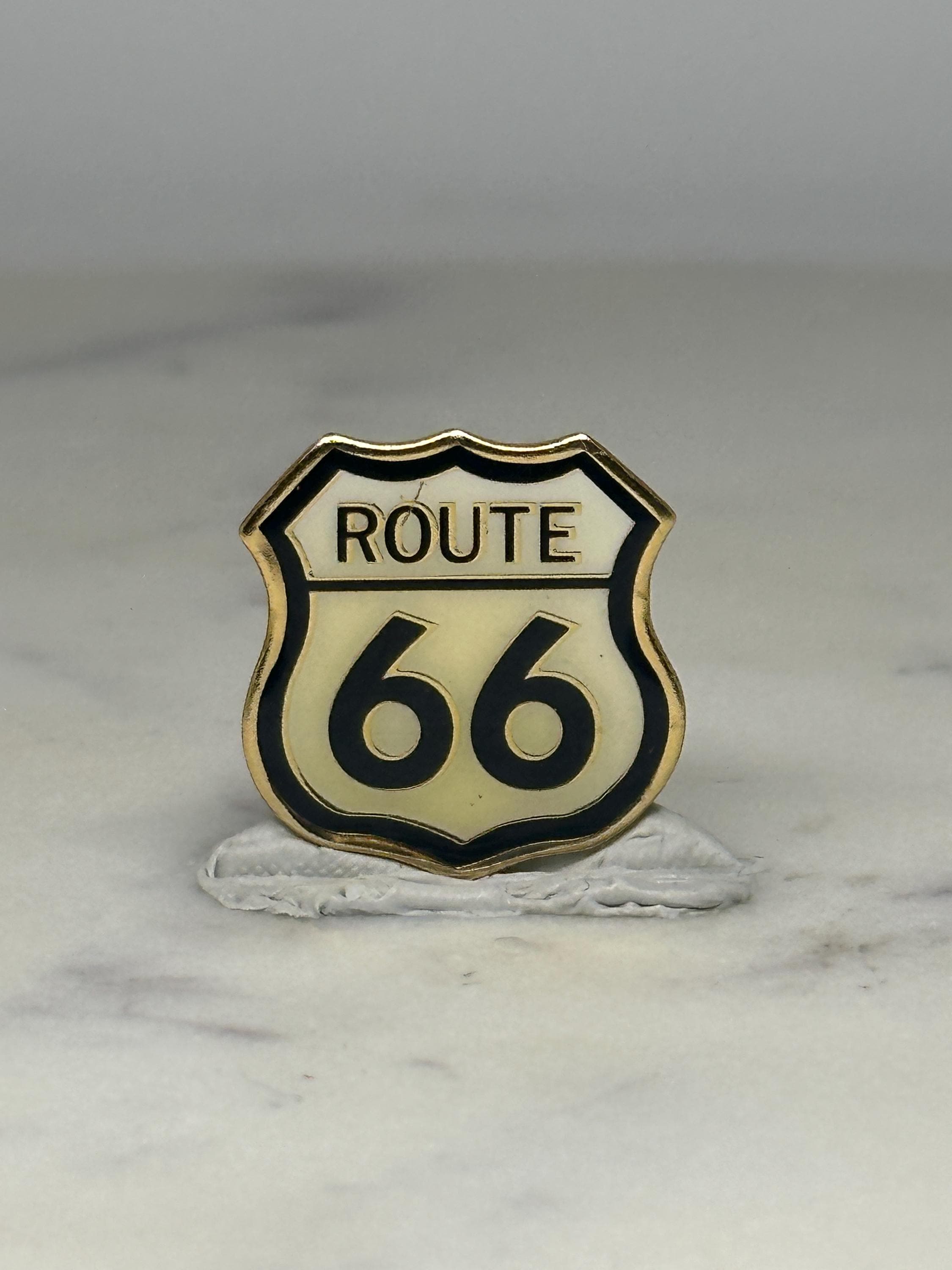 Route 66 Highway Pin: Black & Gold Enamel - Vintage Travel Accessory