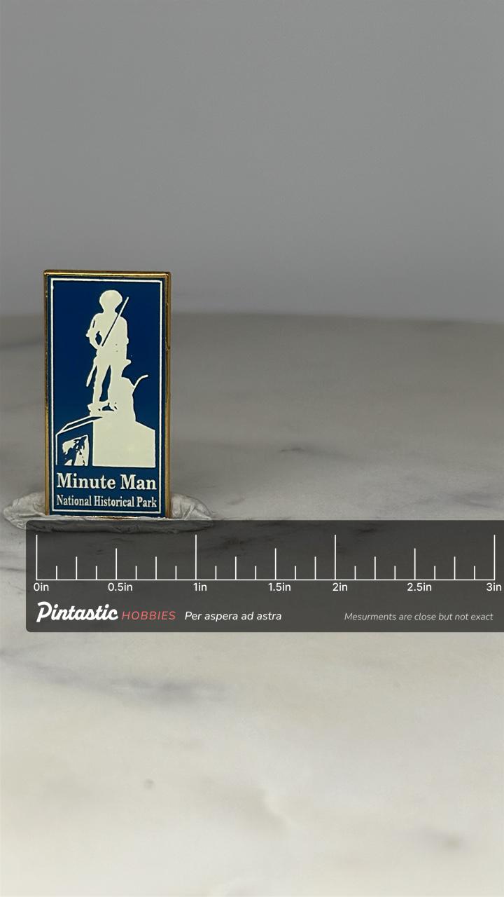 Minute Man National Park Pin: Blue Enamel Finish - Historical Accessory with ruler overlay for size reference
