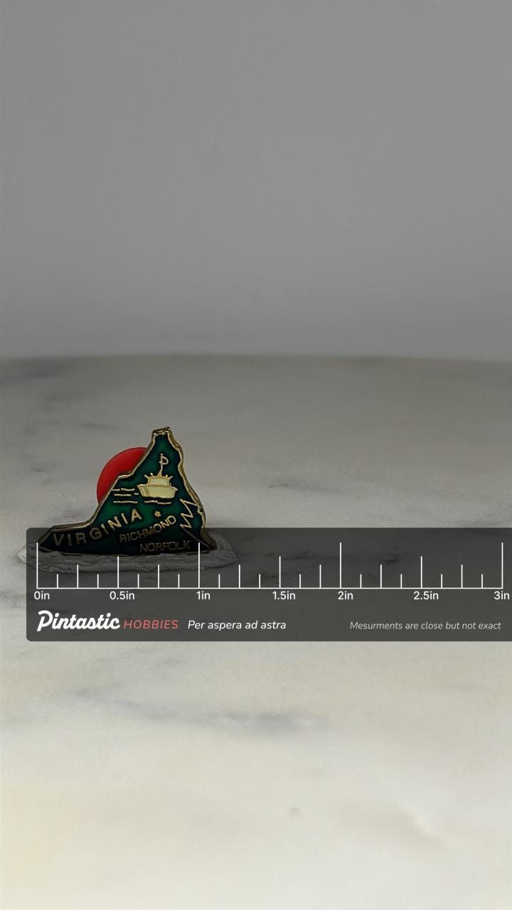 Virginia State Souvenir Pin: Green Enamel Gold-Tone - Vintage Travel Accessory with ruler overlay for size reference