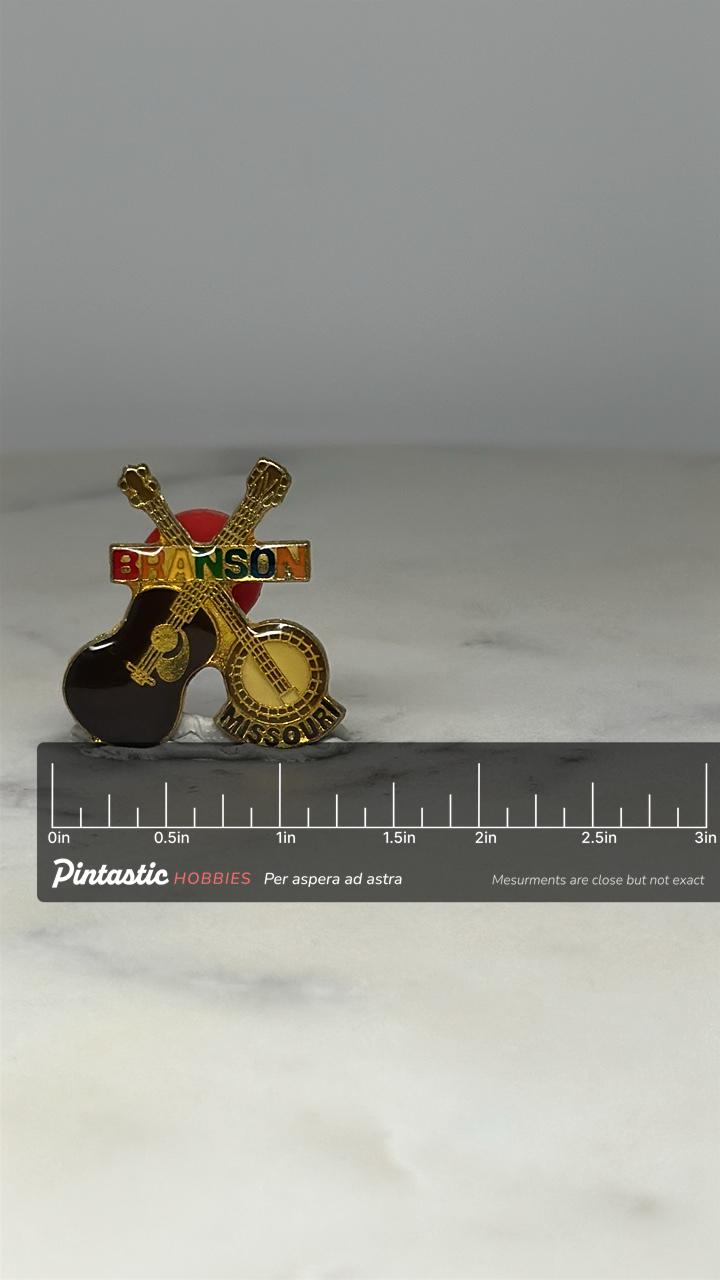 Branson Missouri Banjo & Guitar Pin: Multicolor Enamel - Vintage Souvenir Accessory with ruler overlay for size reference