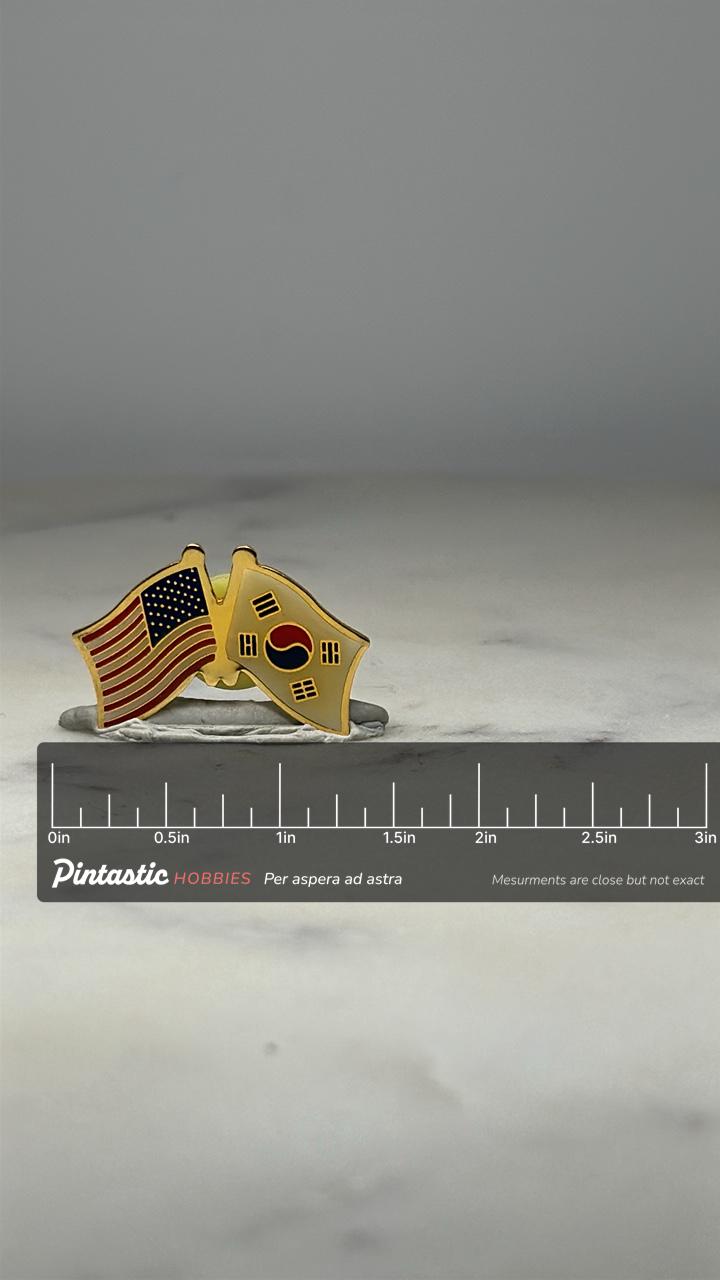 USA South Korea Flag Pin: Gold Tone Enamel - Diplomatic Theme Accessory with ruler overlay for size reference