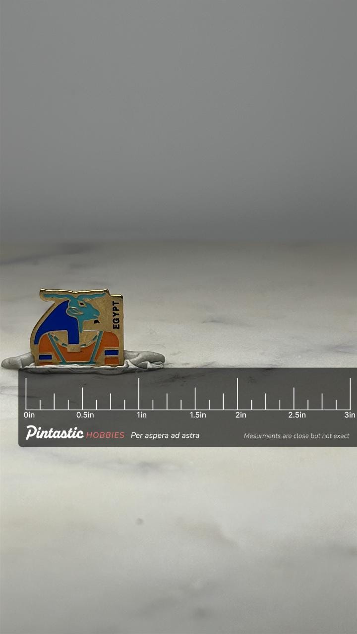Egypt Souvenir Pin: Enamel Brass Finish - Travel Memory Accessory with ruler overlay for size reference
