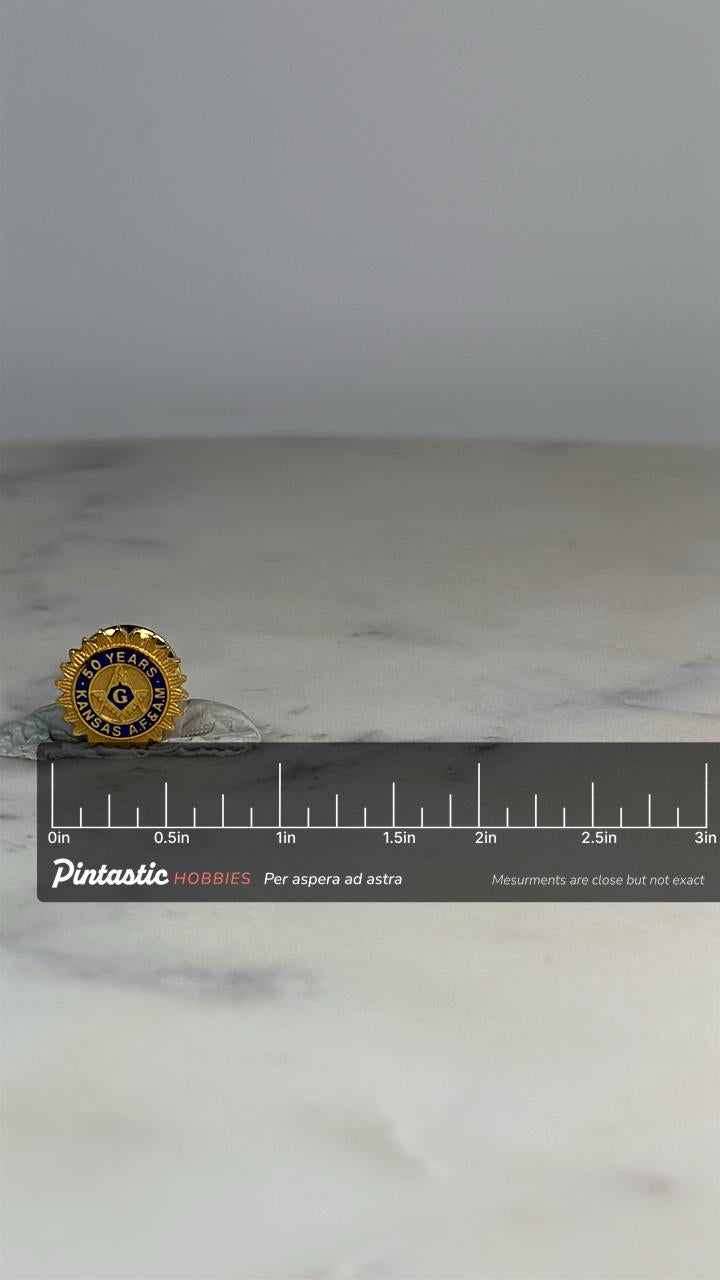 Masonic 50-Year Pin: Gold & Blue Enamel - Fraternal Vintage Accessory with ruler overlay for size reference