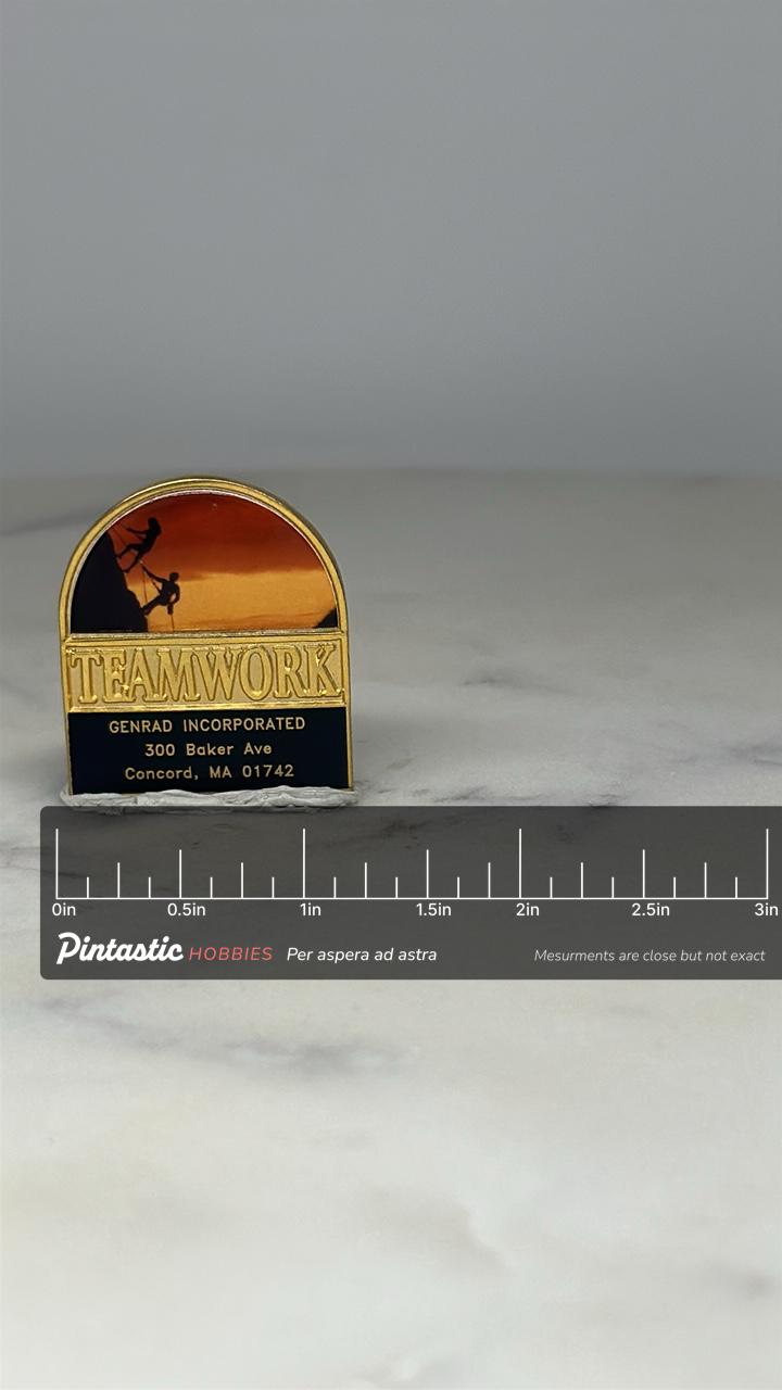 Teamwork Motivational Pin: Gold & Sunset Finish - Corporate Theme Accessory with ruler overlay for size reference