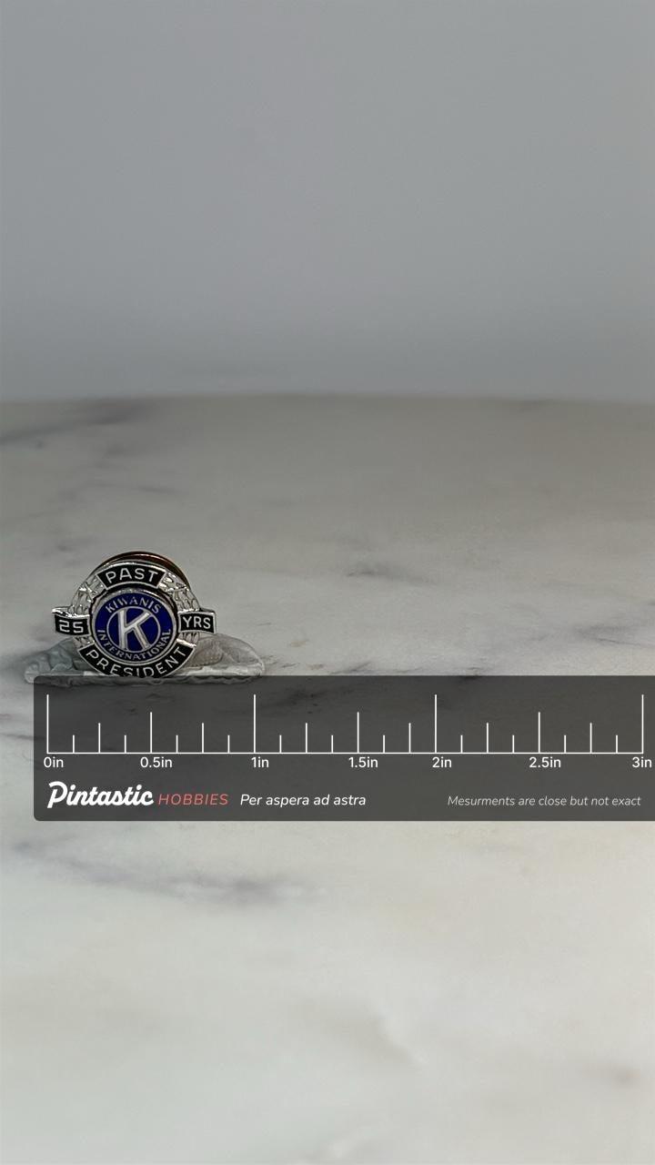 Kiwanis Past President Pin: Silver & Blue Enamel - 25 Years Service Accessory with ruler overlay for size reference