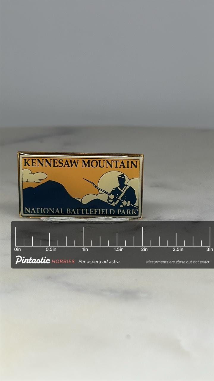 Kennesaw Mountain Pin: Enamel Rectangle - Battlefield Park Accessory with ruler overlay for size reference