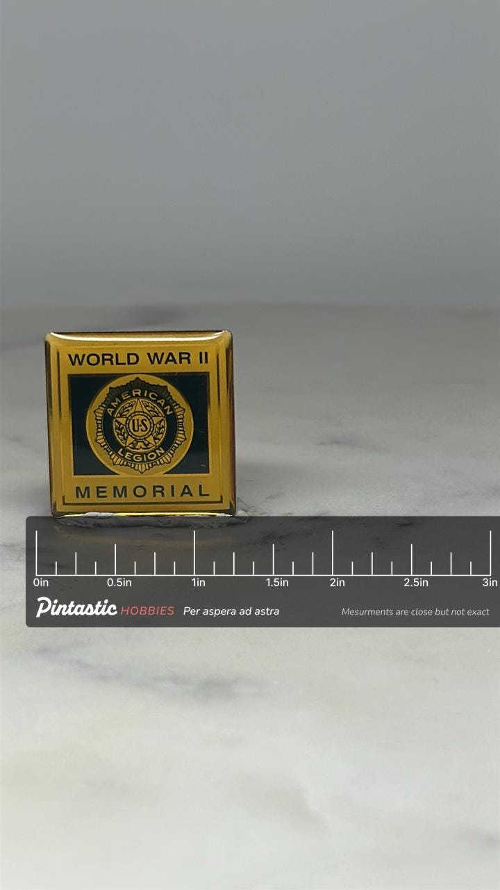 WWII Memorial Pin: Yellow Enamel - Military Tribute Accessory with ruler overlay for size reference