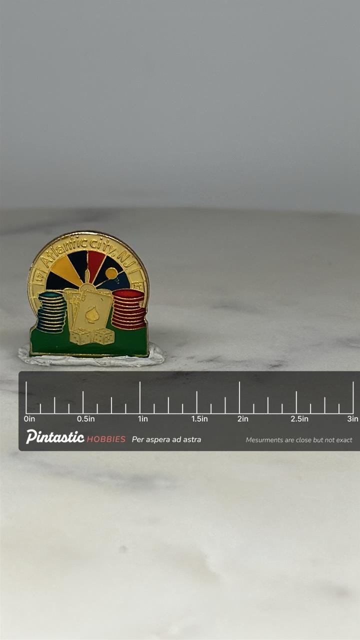 Atlantic City NJ Casino Pin: Multicolor Enamel Finish - Vintage Travel Accessory with ruler overlay for size reference