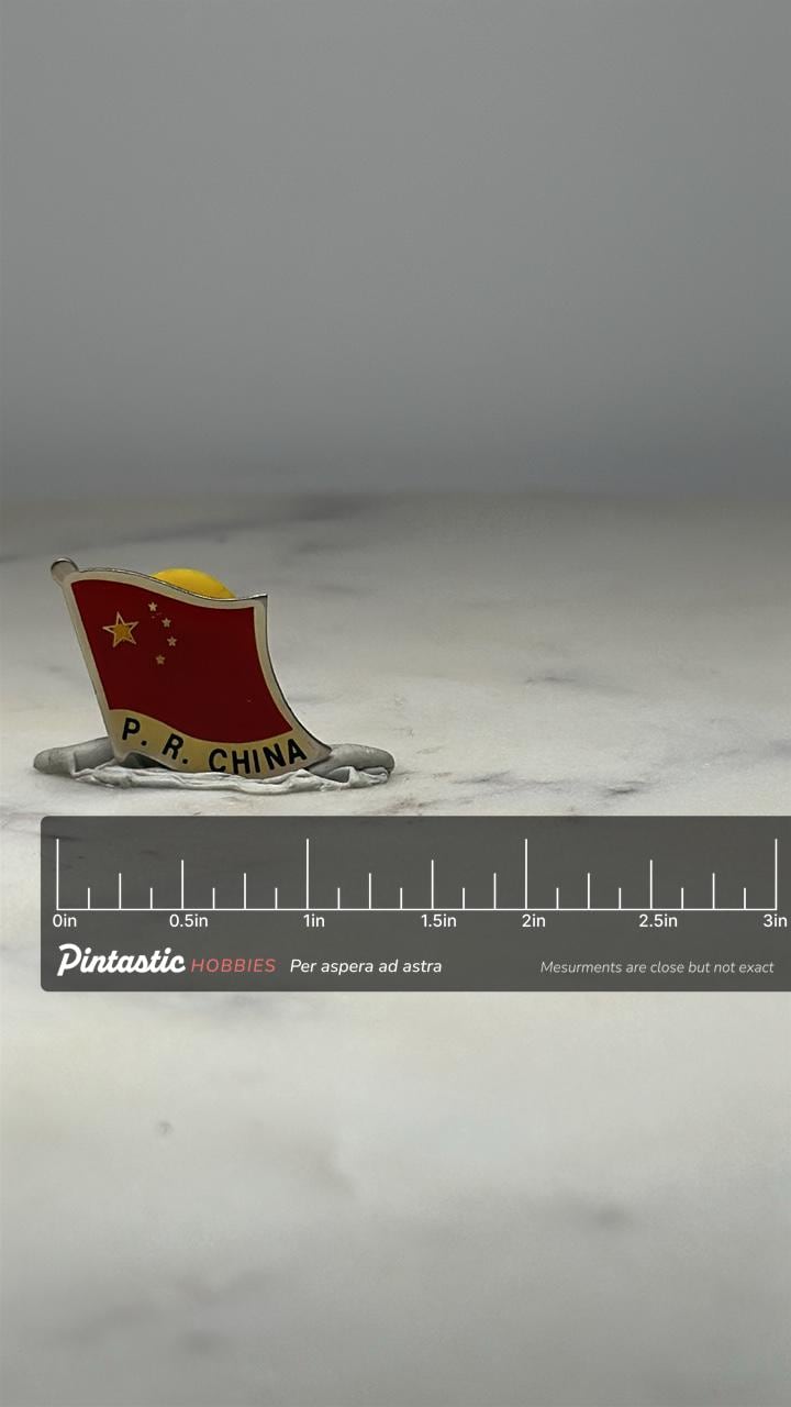 China Flag Lapel Pin: Red Enamel Gold Trim - Vintage Patriotic Accessory with ruler overlay for size reference