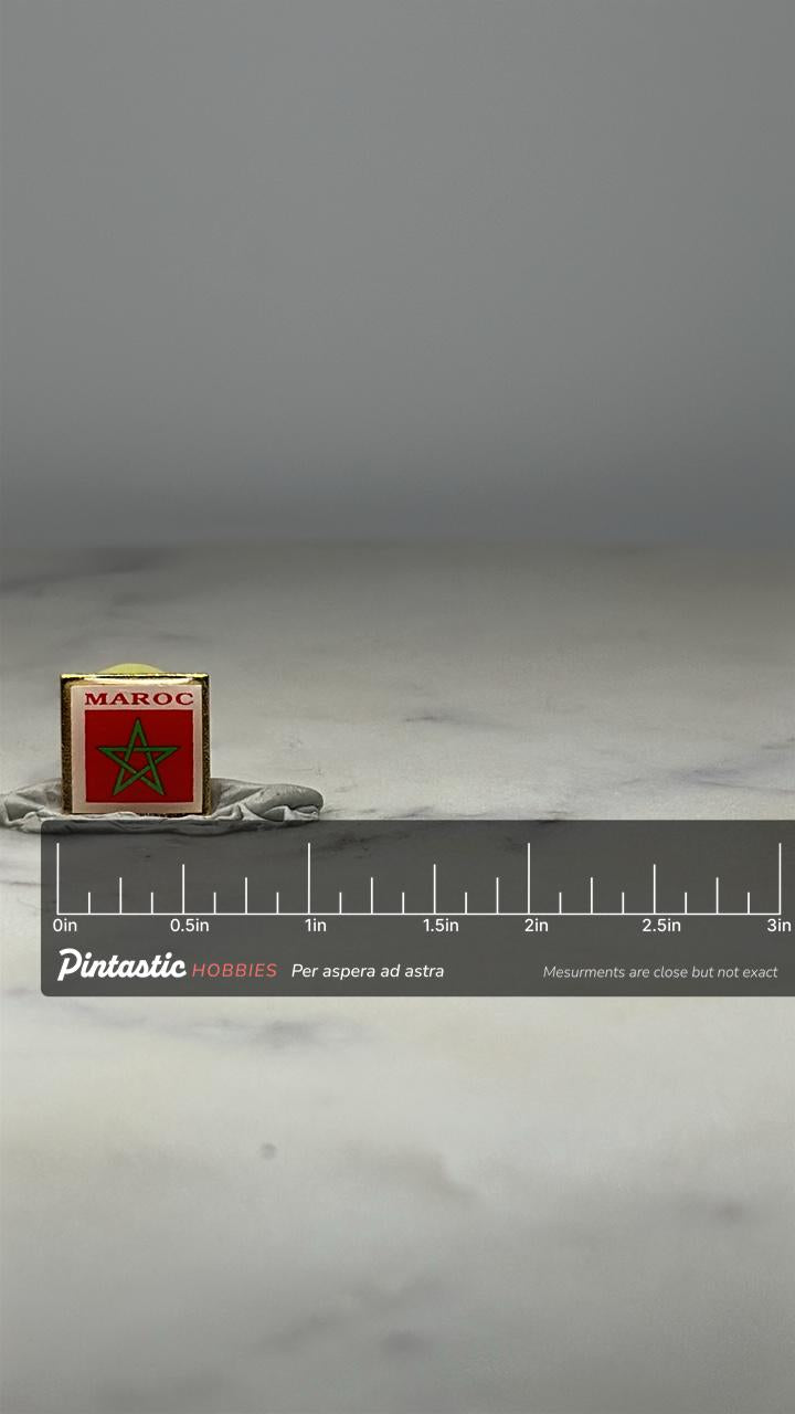 Morocco Flag Pin: Red & Green Enamel - Vintage Travel Accessory with ruler overlay for size reference