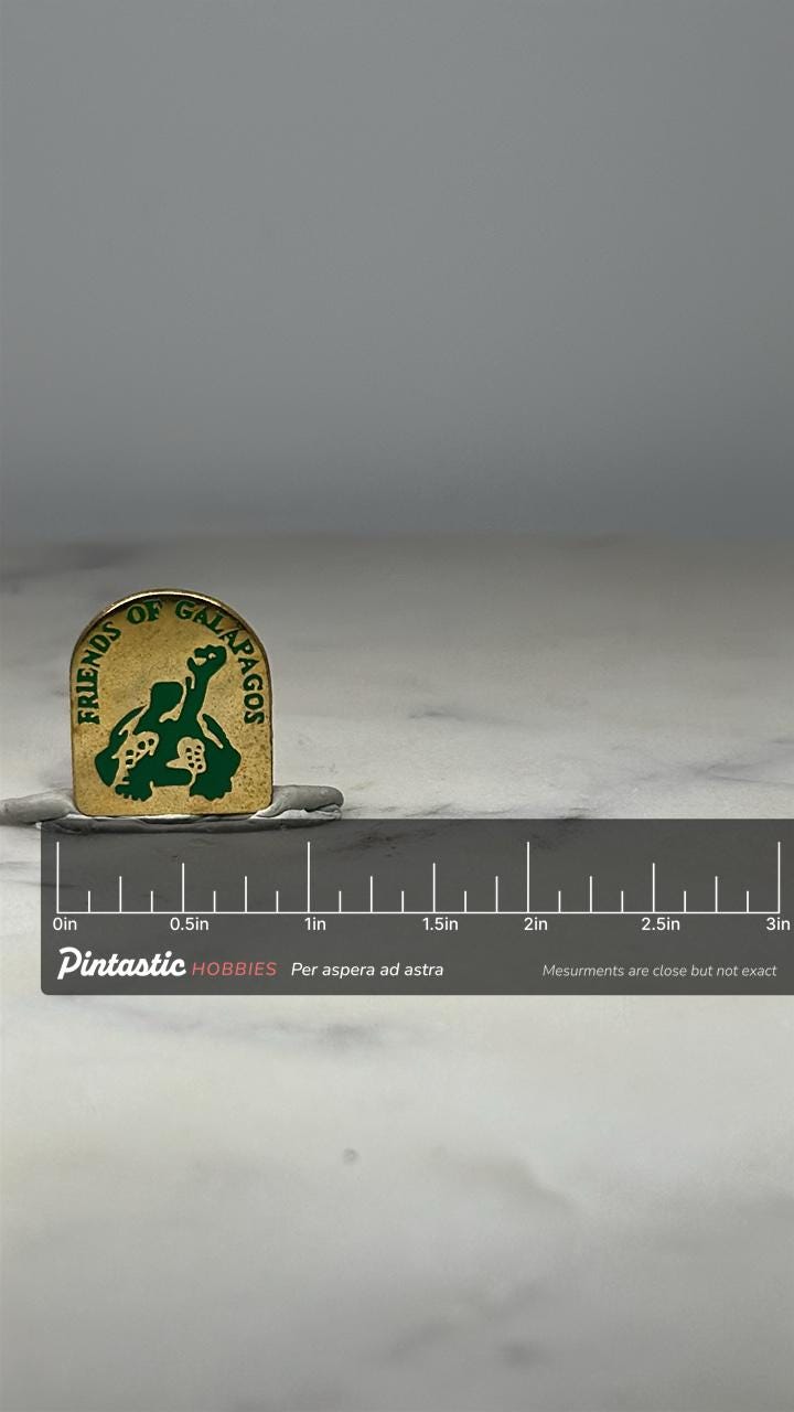 Friends of Galapagos Pin: Gold & Green Cloisonné - Wildlife Supporter Accessory with ruler overlay for size reference