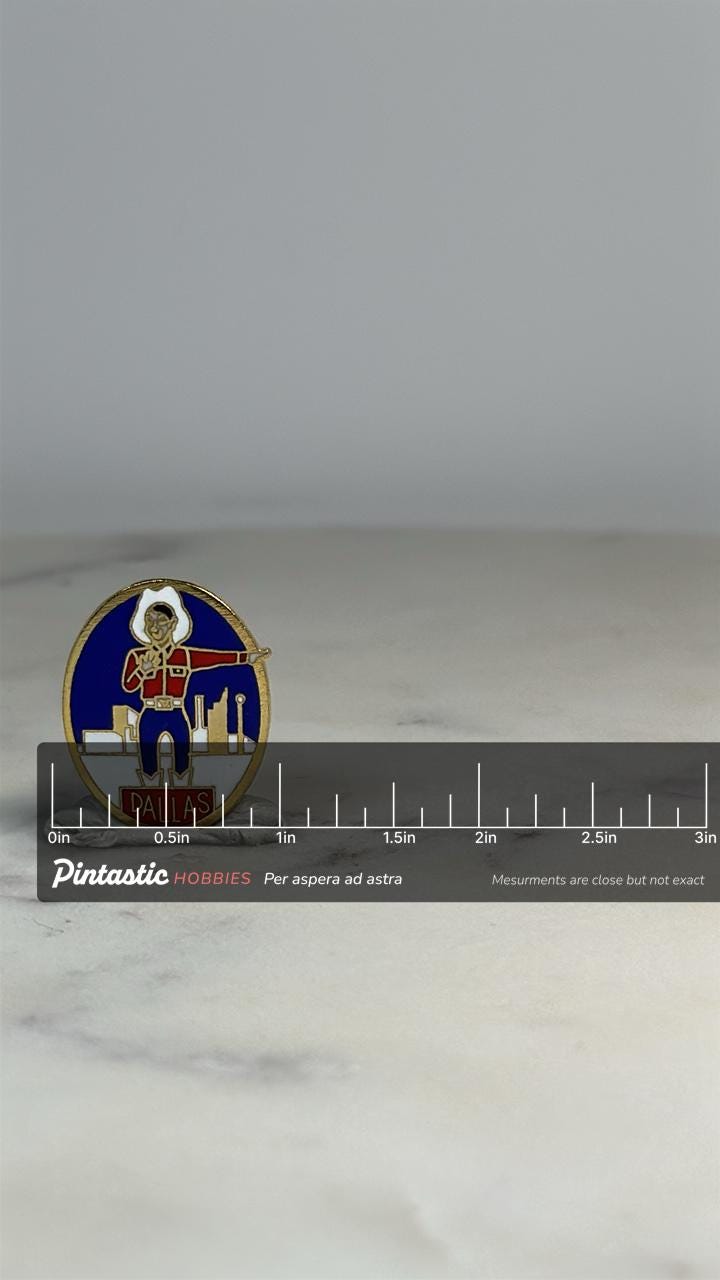 Dallas Souvenir Pin: Enamel Gold Tone - Western Skyline Accessory with ruler overlay for size reference