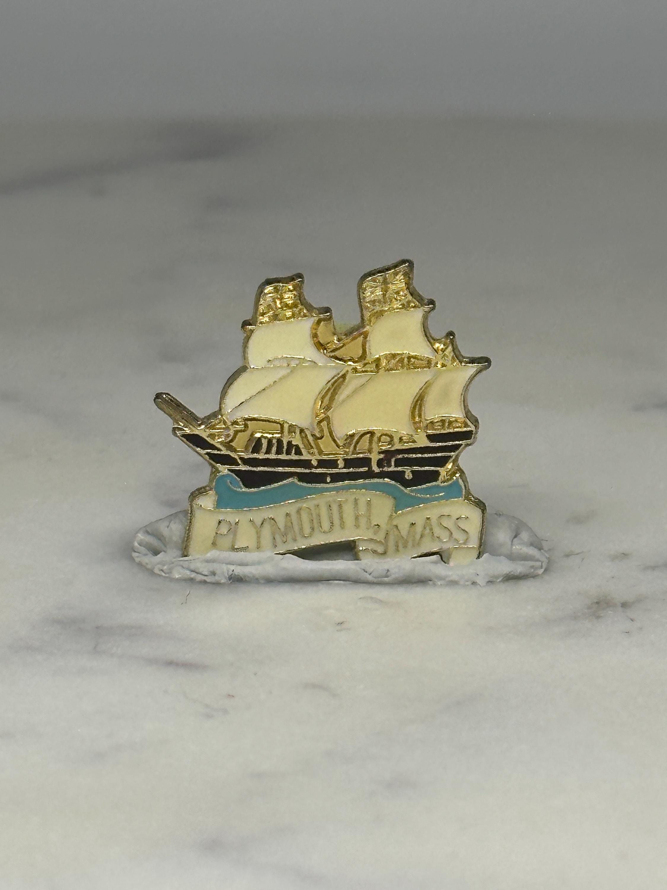 Plymouth Mass Ship Pin: Gold Enamel Finish - Souvenir Travel Accessory
