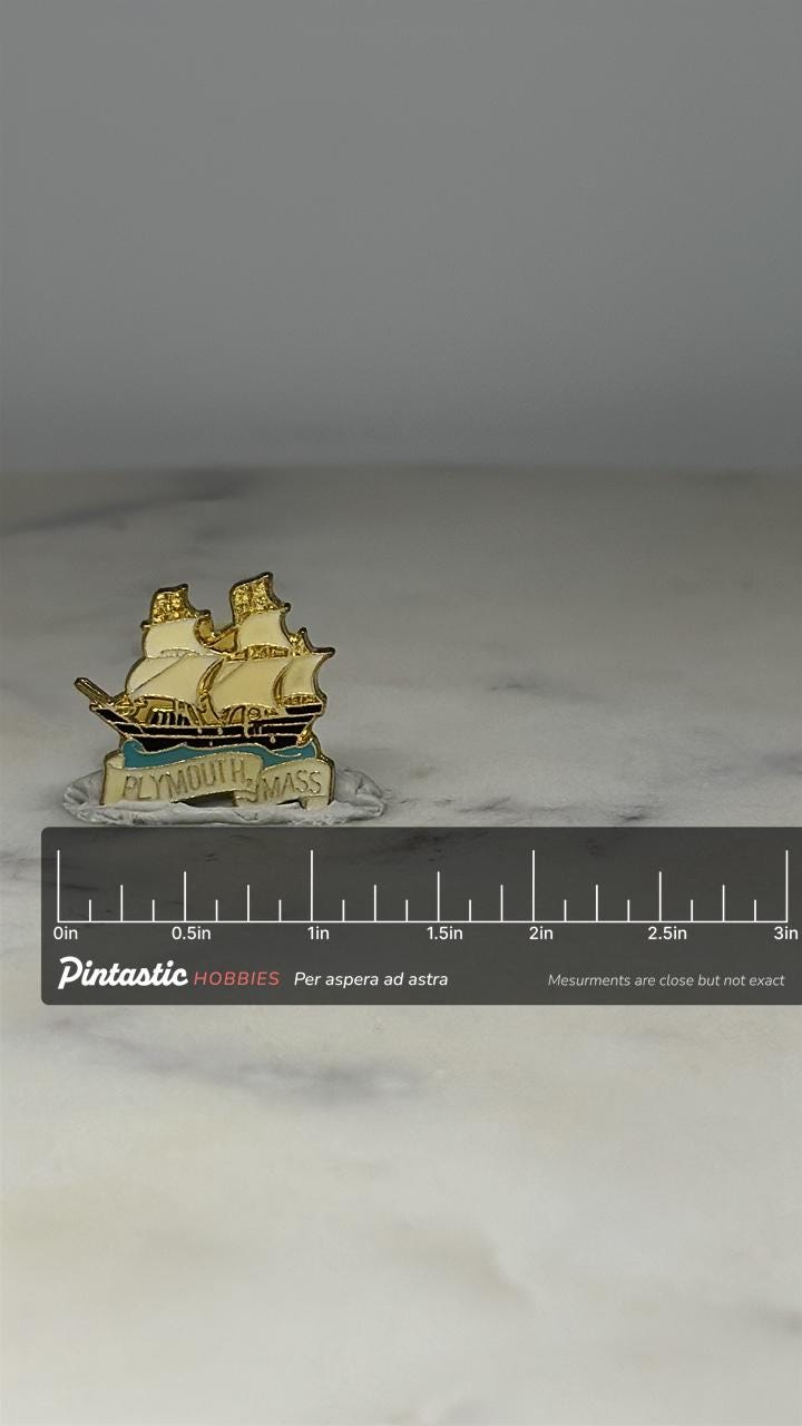 Plymouth Mass Ship Pin: Gold Enamel Finish - Souvenir Travel Accessory with ruler overlay for size reference