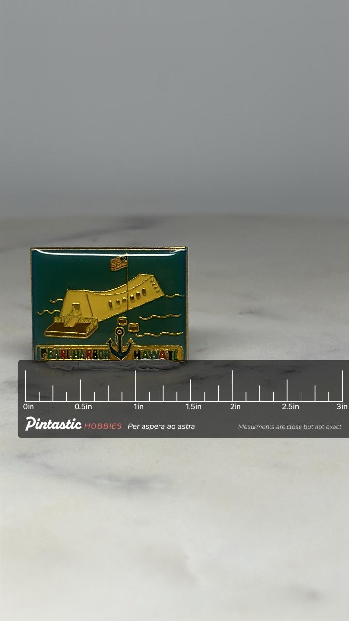 Pearl Harbor Souvenir Pin: Gold & Teal Enamel - Historical Travel Accessory with ruler overlay for size reference