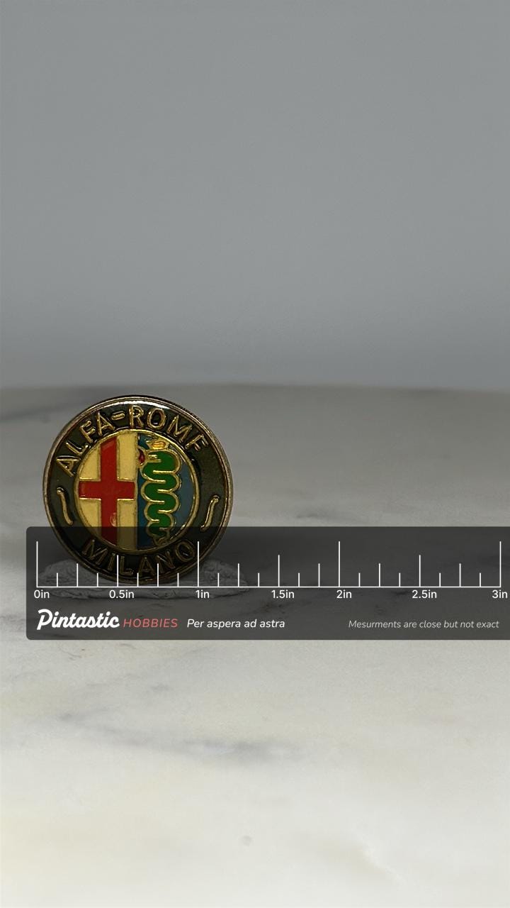 Alfa Romeo Milano Pin: Enamel Gold Tone - Vintage Auto Accessory with ruler overlay for size reference