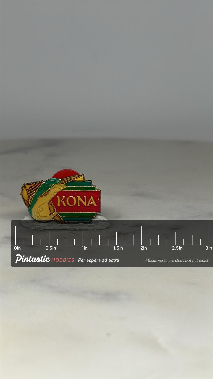 Kona Marlin Souvenir Pin: Colorful Enamel Goldtone - Vintage Travel Accessory with ruler overlay for size reference