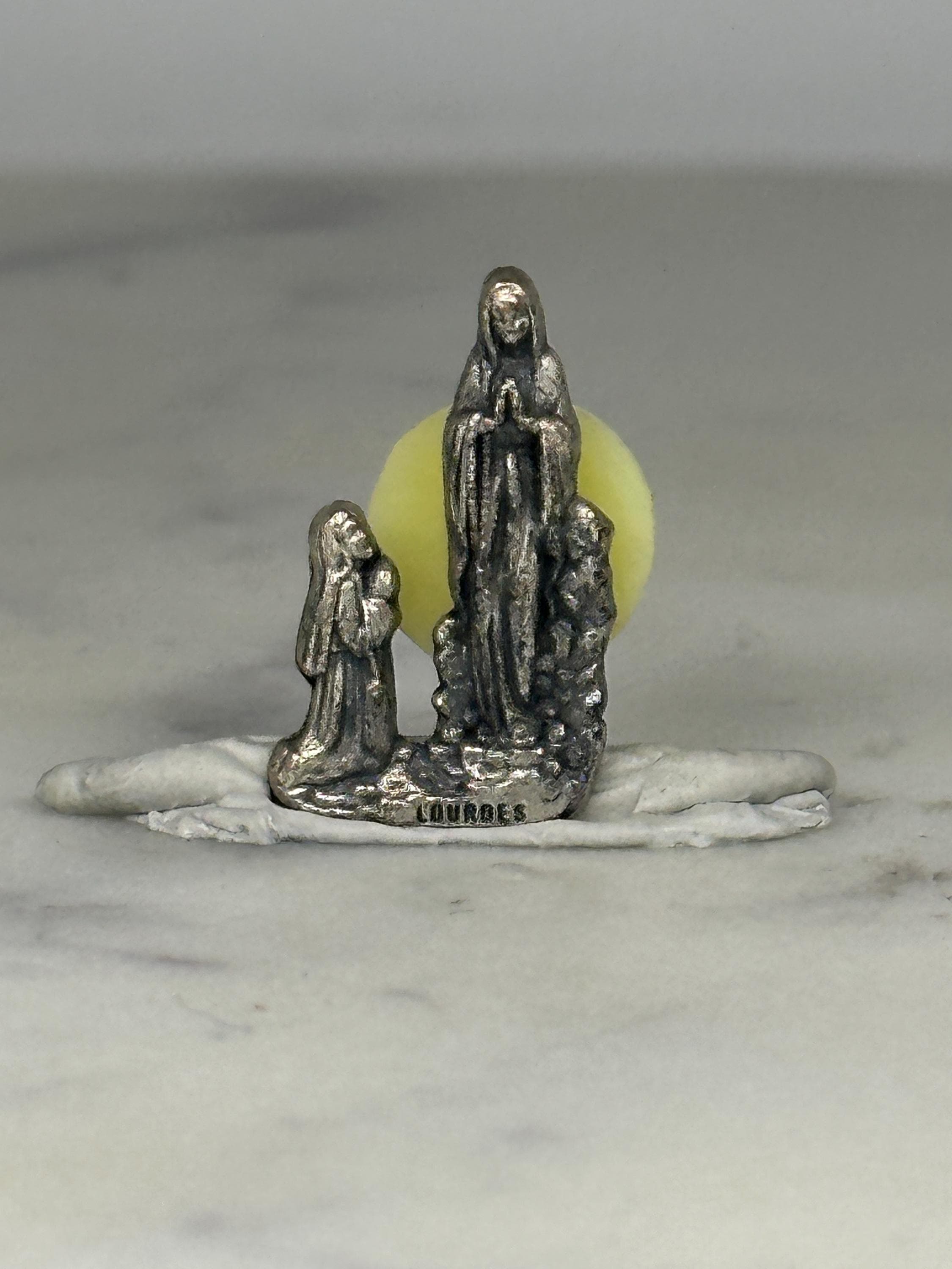 Our Lady of Lourdes Religious Pin: Antiqued Silver Tone - Catholic Accessory