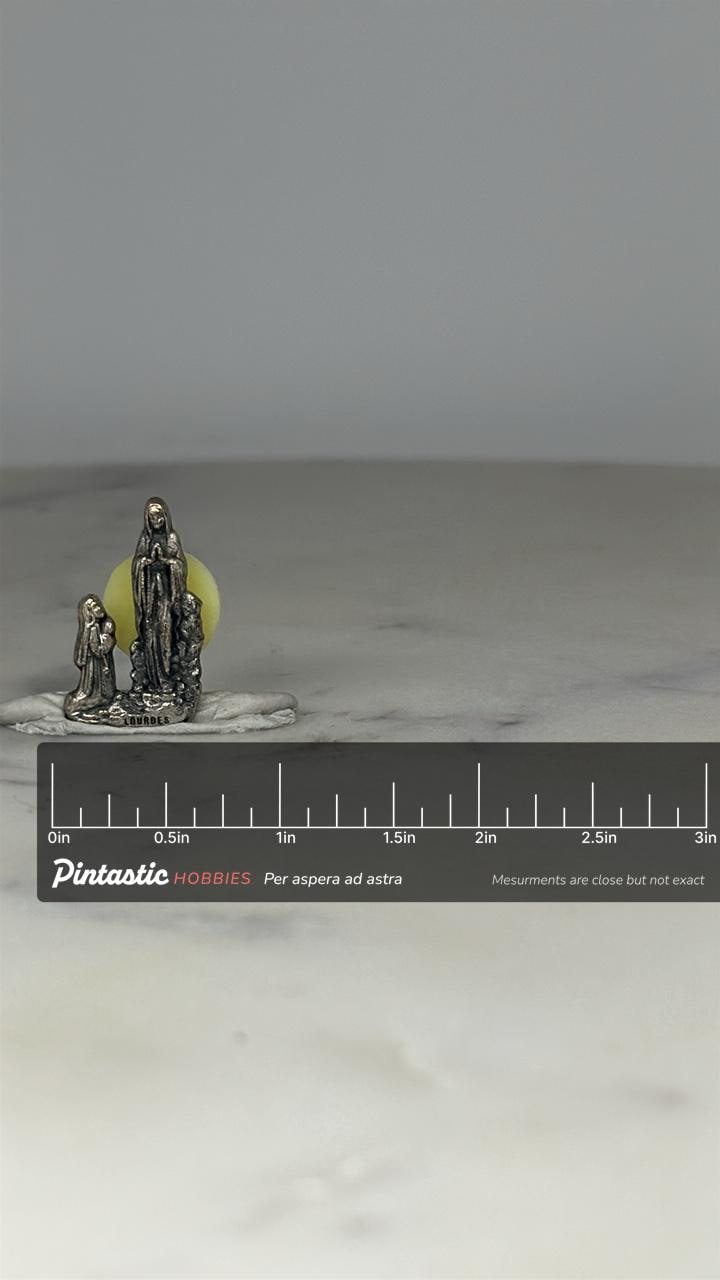 Our Lady of Lourdes Religious Pin: Antiqued Silver Tone - Catholic Accessory with ruler overlay for size reference