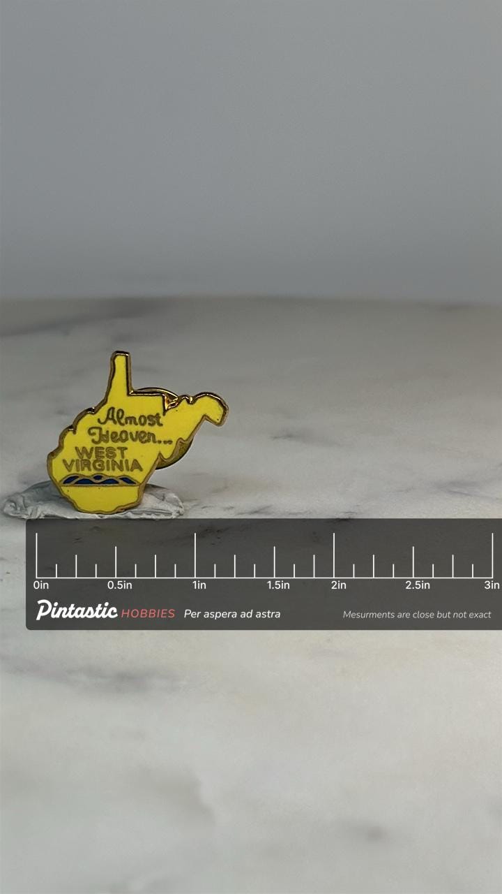 West Virginia State Shaped Pin: Yellow Enamel Finish - Vintage Travel Accessory with ruler overlay for size reference