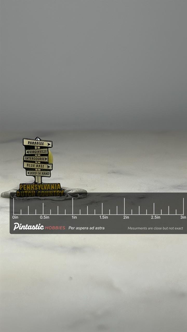 Pennsylvania Dutch Country Enamel Pin: Novelty Signpost - Retro Travel Accessory with ruler overlay for size reference